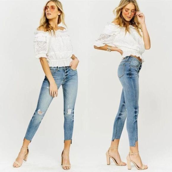 ✨HP✨KanCan Asymmetric Distressed Mid Rise Blue Light Wash Skinny Jeans✨ - Picture 1 of 4